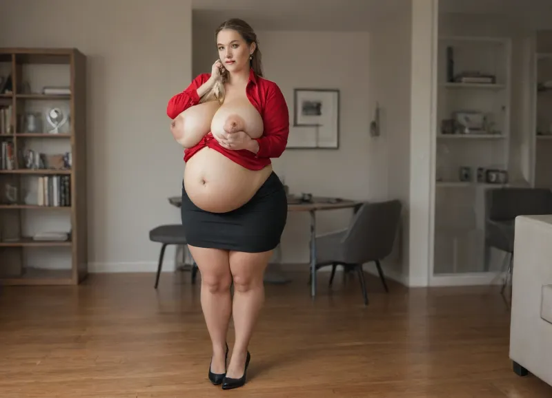 ssbbw sexy secretary woman, huge heavy breasts, huge areolas, huge puffy nipples, huge ass, huge thighs, wide hips, huge oversized hanging ssbbw belly, pregnant belly, wearing a sexy secretary outfit, covering breasts, wearing a tight black satin pencil skirt, fully clothed full body image, bow, red blouse, <lora:56a206e8-def0-49c2-b599-66069ac558c5.TA_trained:1.9>