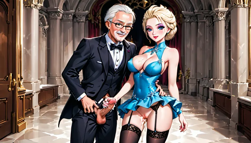 1 old man next to elsa from disney, handjob, pussy visible, (sexy blue mini dress), makeup, in a castle, slender, Fake breasts, black garter belt, fake big breast, The old man is wearing a tuxedo and his cock is standing out of his pants, she does a handjob of the cock of man, he cumshot on her, cum on her body, cum on the dress