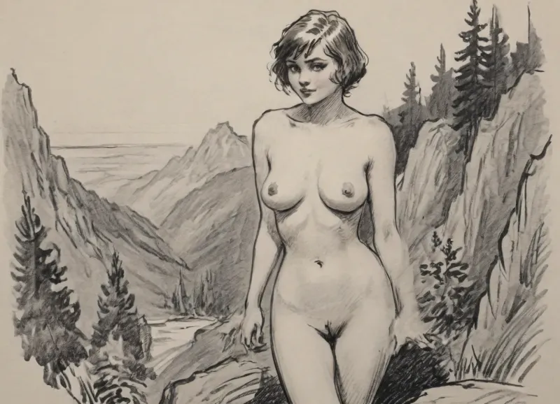 pencil sketch, monochrome, scenic view, framed in the style of 1920s picture postcard, asymmetric composition, posing in foreground is a voluptuous naked adult woman, 1920s hairstyle, natural full bush untrimmed hairy pussy, shy smile, full body view, completely unclothed, medium-sized breasts, soft natural breasts, teardrop-shaped breasts, pencil, <lora:sketch_it:.8>, <lora:Pencil_Sketch-06R:.8>, drawix6, dwx6, <lora:drawix6:.8>, no pubes, lineart, caricature, <lora:pen-art:.8>, skyrimlandscapes, <lora:SkyrimLandscapesXL10:.8>