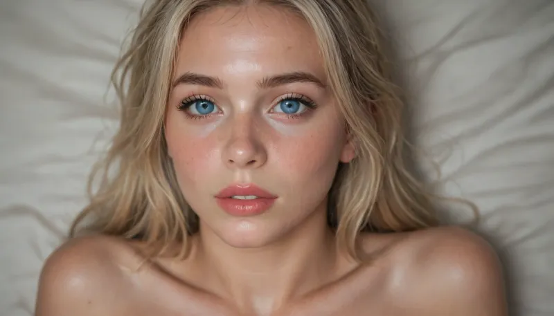 Extremely cute, extremely pretty, extremely sensual, totally fully nude, blonde, blue eyed 19-year-old American coed with intense orgasmic gaze.