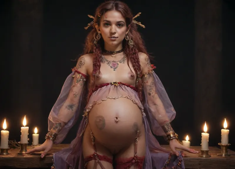 a group of cute whores offering herself in a medieval tavern, 26 yo retro hippies, rich dressed, raven 26 yo, (long dreadlocks, mixed race, different tit-sizes, different origin, different hair-colour), tiny pokie puffy long cold erect nipples visible under transparent clothes, conical tits, cute face, freckles, hippie jewellery, choker, royal-blue, silk, slim, slender, wide hips, small head, dynamic pose, (cameltoe visible, clitoris visible), Young hippie woman covered in jewelry. Layered necklaces, stacked bracelets, cum dripping, preggo, nose and septum piercings, pregnant, feathers and flowers in her hair. Henna tattoos., (transparent and colorful hippie clothing), garter, crimson transparent, (hippie accessories, multiple ear and nose piercings:1.3), prominent nipples, (Warm, magical light, boho style), photo-realistic, dim lit, candlelight, dark scene, h41ry, flat, chested