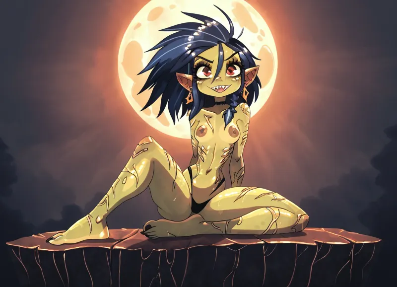 (Jack cayless art style), (female goblin:1.0999999999), (pointy ears:.4444), (beautiful woman, (adult:1.333), small_breasts), (strong build, broad shoulders:1.28888888), (muscular arms and shoulders:.7777), (muscular legs:.4777), (olive green skin:1.08888), (big wild hair, indigo), (red eyes:.9999999999999), (evil face), (sharp teeths:1.22222222), (small cute feminine hands:1.04444444), (nails and toenails are tiny sharp claws:1.4444444444), (short claws), (long prominent toes:1.04444444), (detailed feet:1.0222222), (monster feet:.06666666), (bones, skulls, bombs, trasure:1.22222), tranny goblin hottie, (horny wants to have sex), view from side, view from behind, interesting angle, interesting perspective, close intimate lighting, detailed sharp shadows, (contrast between darkness and light:.1777), yours truly, Astrid Ivy ♡, (brown nipples and dick:1.022222), (bandages:.22222222), <lora:princess_xl_v2:.55555>, <lora:DetailedEyes_V3:1.666777>, <lora:Rendered Environments  SDXL v1.0:.6666>, <lora:add-detail-xl:1.88888888>, <lora:Randommaxx_dark_offset_v1.1_lora_fp16:.888888888888>
