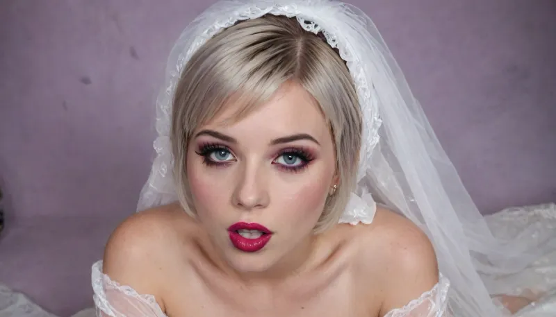 1860's space, I'm 29 years old and I'm a girl. yo hyper bimbo girl on knees in space, dripping whore makeup, (bright red lips with gold sparkles, purple eye shadow), looking up to boss, hairstyle with straight bangs gathered in a ponytail blonde straight hair, crying, flat breasts with protruding nipples with heart tattoo rings, (the chain passes through the nipple rings and connects to the piercing in the pussy), hearts and flowers tattooed all over the body face, (perfect-eyes:1.2), (very cute naive face), (I got an orgasm from a vibrator in my ass), perfecteyes, (purple lips:1.3), Sp4c3, Sc3n3, planet, stars, nebulae, sky, white, thighhighs, (short, hair:1.7), hair, on, one, eye, frills, puff, sleeves, (white, bridal, dress, veil:1.5), <lora:cum_in_eye_deepmind:1.8>, <lora:Pink_Lips:2>, <lora:lora-sdxl-perfect-eyes:2>, <lora:Miniature_Space:.8>, <lora:Nier_Automata_2B_White_Wedding_Dress_Bride_Cosplay_Realistic_LoRA:1.6>