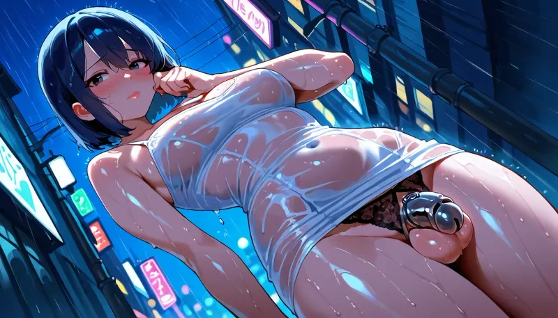 best quality, ultra-detailed, 8k, femboy in a city street at night, shy, slim body shape, solo, rainy, wet dress, looking embarrassed, clearly visible round balls, chastity cage on penis, lace panties, smokey eyes, lips, Puffy, Detailed, wide, 3/4 body view, <lora:Lips._Fleshy_lips_Anime-000009:1>