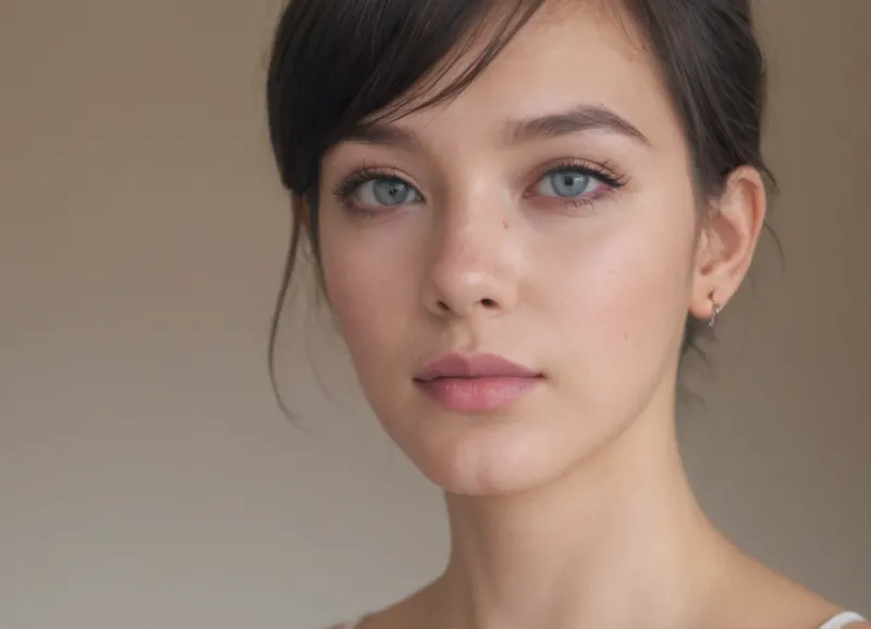 photorealistic extreme close-up portrait of a 21-23 year old white Caucasian woman of Western European descent, very fair porcelain skin with cool pink undertones, natural light rosy blush only on apple cheeks, flawless smooth skin with visible fine pores and subtle skin texture, NO asian features whatsoever, large wide-set almond-shaped eyes with prominent visible double eyelid crease and upper lid show, striking light blue-green turquoise eyes with bright reflective iris details, long thick black curled lashes, perfectly sharp black winged cat-eye eyeliner with long clean flick, thin high arched natural eyebrows, small straight nose with high narrow bridge and soft rounded tip, full plump lips with natural matte nude-pink lipstick and very defined cupid's bow, soft rounded feminine jawline, high but soft cheekbones, slight heart-shaped face, long silky straight jet-black hair with perfectly straight center part and thick blunt straight bangs cut exactly at eyebrow level, small purple butterfly hair clip pinned on the left side above the bangs, large thin silver hoop earrings, confident soft half-smile with natural pout, direct intense eye contact with camera, mirror selfie style, natural indoor bathroom lighting with bright camera flash, ultra sharp focus on entire face and eyes, 8k raw photo, photorealistic skin, zero stylization, zero anime influence, zero korean beauty standards