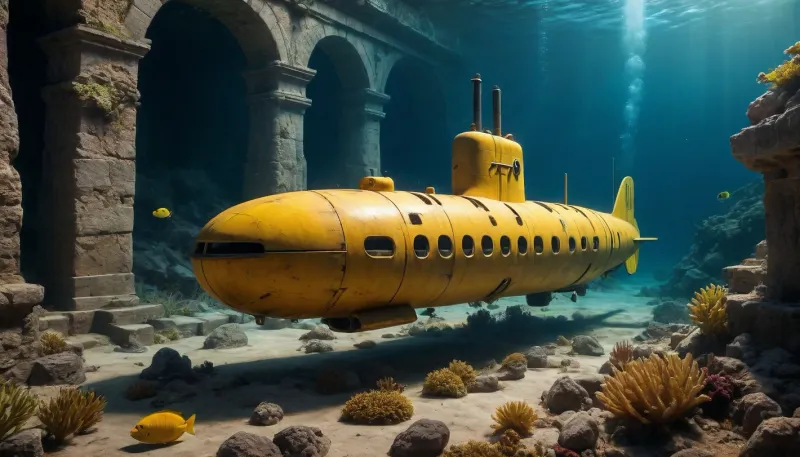 A yellow research submarine dives along the seabed between Greek ruins. Its headlights are on. There are sea creatures everywhere. Plants grow on the seabed and on the ruins.