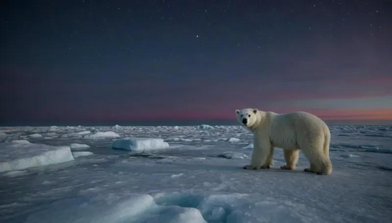 ice-covered Arctic ocean on dark long polar night, ice, hummocks, small lifeless stone island in the right part of the frame, colorful polar lights on whole sky, polar bear walking around ice on horizon far away, deep darkness, almost black sky, very poor light