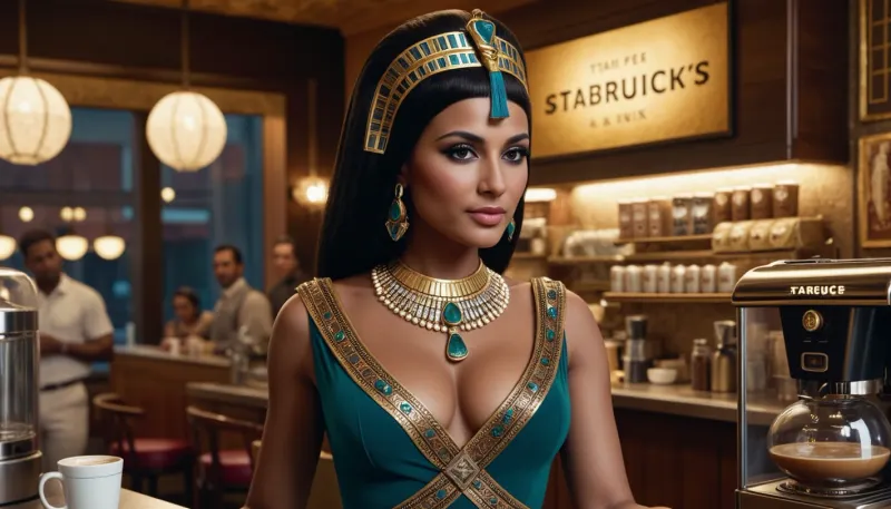 High-quality textures, high-resolution photorealistic images, Queen Cleopatra—a dark-skinned, refined Egyptian woman in a realistic, sexy historical outfit—with a detailed dress, expensive jewelry, and hairstyle, in a crowded 1960s-style American coffee shop, a coffee machine in the background, a glowing sign, huge windows, sharp focus, a masterpiece, top quality, ultra-detailed images, fine details, high resolution, soft bokeh