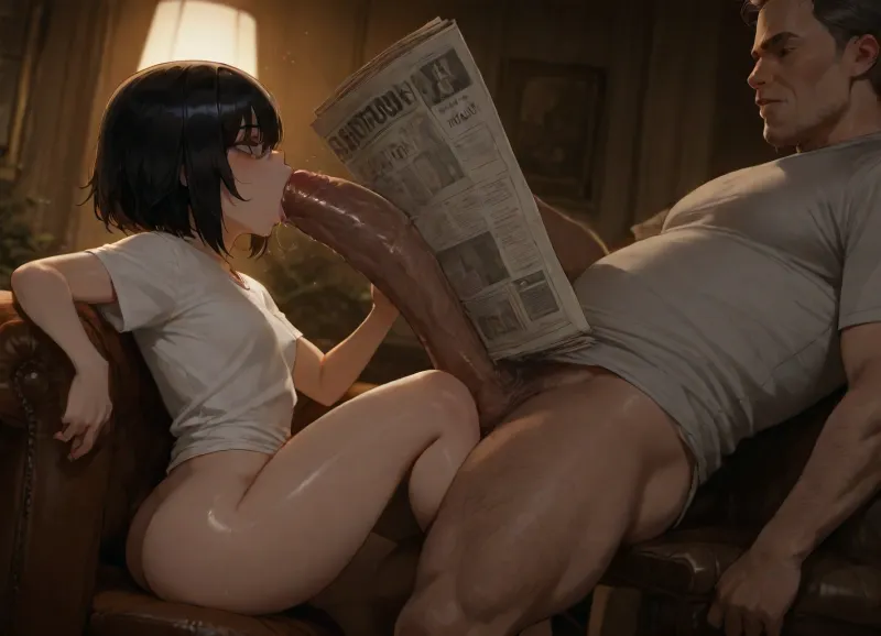 1 man, 1 girl, (Old man sitting on an armchair), (man reading a newspaper), young submissive woman giving a blowjob, she is on her knees, sideview, daddy, enormous limp dick, girl struggling to fit cock in her mouth, man holding a newspaper in front of his face, clothed man, girl wearing only a loose fitting tshirt, thick girl, her bare ass visible, strong emo makeup, man looking at the newspaper, dim livingroom, scene lit by a floorlamp, <lora:WTS - WhatTheSuck - v1:1.6>, <lora:dark:.8>, <lora:add-detail-xl:1.5>, <lora:sdxl_snakeoil_v1:.8>