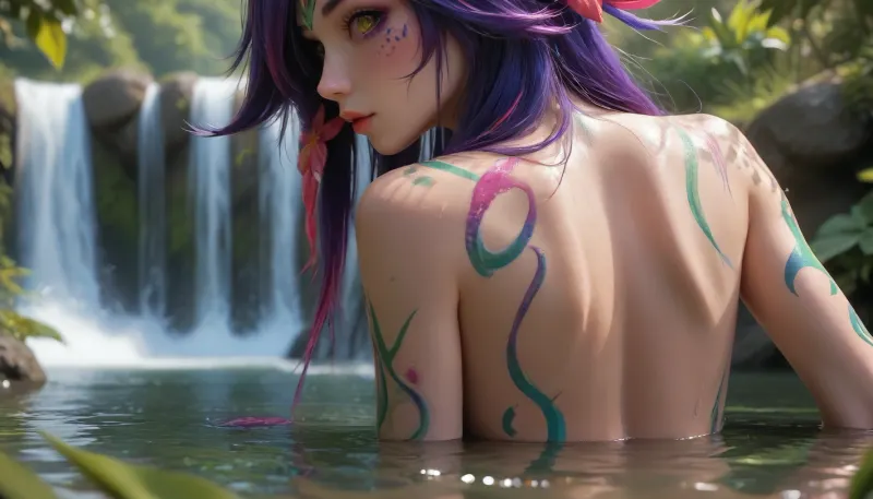 Neeko from League of Legends, nude, looking at the viewer, stroke hair, waterfall, (((lower body in water)))