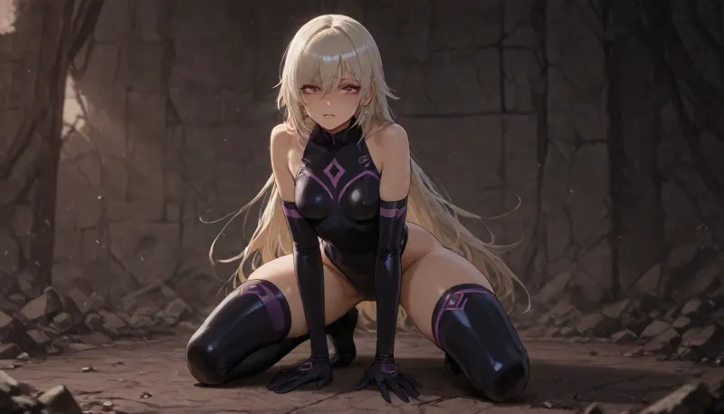 A powerful superheroine in a sleek and skimpy short, superhero costume kneels on the ground, her once-pristine suit now scuffed and torn from battle.shehas small breasts wich looking out, Heavy chains bind her wrists and trail across the floor, anchoring her in place. The dim light reflects off the metallic elements of her outfit, emphasizing both her strength and her current vulnerability. Her head is slightly bowed, strands of hair falling across her face, but her expression is not one of surrender—there’s a quiet resilience in her eyes, as if she’s already planning her next move. Around her, the remnants of a fierce conflict are visible, cracked walls, scattered debris, and the lingering sense of a powerful enemy nearby. The scene captures the tension between defeat and determination, a moment of stillness before the tide turns., <lora:PsylockeXL:.8>, <lora:ahxl_v1:.8>, ohwxl, style, <lora:jojoSDXL1:.8>, <lora:Sui_ishida_style-000010:.8>