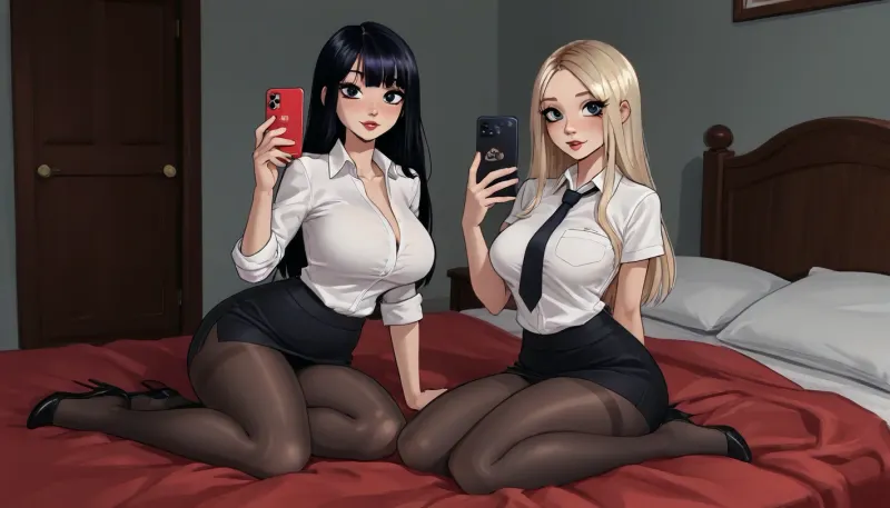 reiq meets innv and Jack cayless art style, closeup 2 Sexy 18 year old woman, 2 girls, 1 blonde girl and 1 brune girl, one blonde and one dark hair, (2 student flashing tits from scrub top), (wearing student uniform, white shirt, color tie, pantyhose), photogenic 2 18 year old college students, Petite fit, busty hourglass figure, ((sexy wavy long brilliant black hair)), (sitting on bed in the bedroom full body photo), (professional photo), wearing mini skirt, taking selfie with phone, sexy body, curves, large, breasts, big, boobs, huge, tits, warm sun light, ratatatat74, <lora:EnvyBeautyXL02:1>, <lora:mk_Bp Anime_xl:1>, <lora:EnvyAnimeDigitalPaintingXL01:1>, <lora:ratatatat74-000050:1.9>, <lora:bombshell_v2:1>