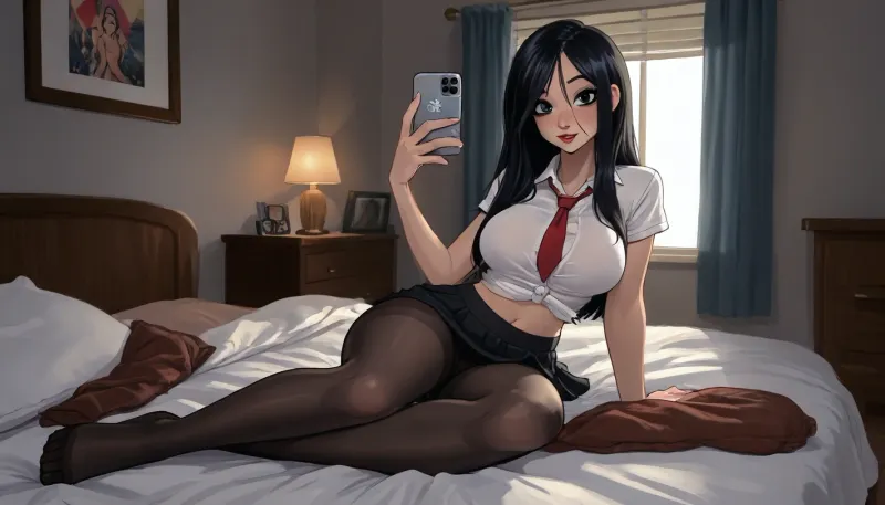 reiq meets innv and Jack cayless art style, closeup Sexy 18 year old woman, (student flashing tits from scrub top), (wearing student uniform, white shirt, color tie, pantyhose), photogenic 18 year old college student, Petite fit, busty hourglass figure, ((sexy wavy long brilliant black hair)), (sitting on bed in the bedroom full body photo), (professional photo), wearing mini skirt, taking selfie with phone, sexy body, curves, large, breasts, big, boobs, huge, tits, warm sun light, ratatatat74, <lora:EnvyBeautyXL02:1>, <lora:mk_Bp Anime_xl:1>, <lora:EnvyAnimeDigitalPaintingXL01:1>, <lora:ratatatat74-000050:1.9>, <lora:bombshell_v2:1>