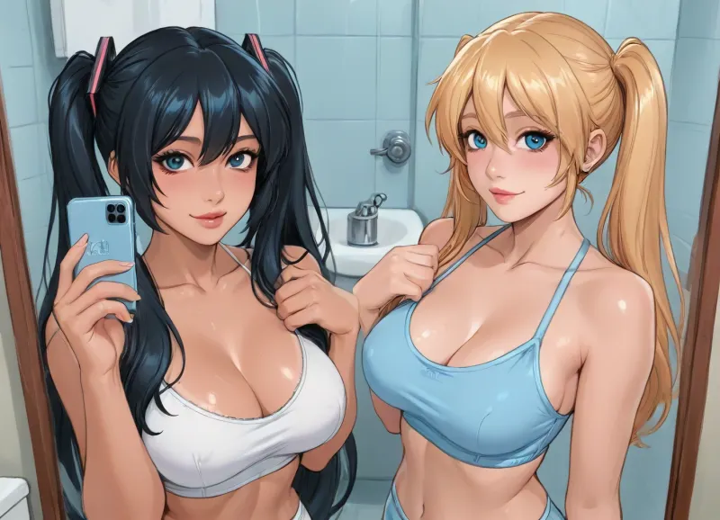 reiq style, (Thick outline:1.4), ((Cartoon Style:1.5)), ((Hentai)), (Hatsune Miku), (dark skin), (dark hair), (blond hair), close up, ((tan lines:1)), 20 years old, 2 woman, 2 woman 20 years old, candid outfits, A brunette woman and a blonde woman, 1 woman take a mirror selfie with mobile phone, mirror restroom, sweat, large breasts, eyes looking at viewer, smile, blushing, pantyhose, full-body, full body, wystyle, ratatatat74, lineart, line, art, flat, colors, color, <lora:cartoon_stickers_xl_v1:.5>, <lora:outline_xl_kohaku_delta_spv5x:2>, <lora:Ppolar-P3v1-NbVp10:1.5>, <lora:ratatatat74-000050:1.9>, <lora:lineartSDXL:1.7>
