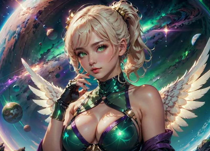masterpiece, best quality, absurdres, amazing quality, very aesthetic, 1woman, 25yrs old, solo, realistic, anaglyph, chromatic abberation
cinematic lighting, dramatic lighting, rim lighting, volumetric lighting, depth of field, bokeh, film grain, photorealistic, impressionism, neon palette, space, starry sky, glowing nebula, cosmic background, floating in space, woman, mature, adult, aged_up, holding large planet, hugging large planet, hugging object, head resting on planet, earth \, (planet\), glowing large planet, lips kissing large planet

upper body, dynamic angle, dutch angle, floating

platinum blonde hair, gradient hair, long hair, blunt bangs, sidelocks, ponytail, fantasy glowing halo, glowing angel wings, eye glow, green pupils, purple eyeshadow, eyeliner, eyeshadow, makeup, blush, looking at viewer, smug, smirk

white skimpy toga, barely covering her, side boobs, white fingerless gloves, gloves, cinematic composition, widescreen, atmospheric, futuristic-fantasy-anime, <lora:futureistic_fantasy_anime_sdxl_v1:.8>, <lora:fantasy_toga_sdxl_v2.3:.8>, <lora:Mystic_Lumina_r1-000007:.8>