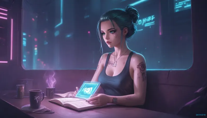 the neon glow of a cyberpunk metropolis, a stunning girl, she has cybernetic implants and glowing tattoos, slowly sipping a cup of coffee, she is wearing a tank top that reveals some of her breasts, while reading a paper book, (she looks away from the book and out the window to the streets outside which are bathed in pink and turquoise holographic lights), where flying drones and digital ads fill the backdrop, Her eyes, reflecting the neon light, are full of both strength and tenderness, zavy-cbrpnk, faceplate, <lora:attractive_notrigger:2>, <lora:RMSDXL_Enhance:2>, <lora:EnvyCozyCyberpunkXL01:2>, <lora:Halcyon Cyberpunk Style:2>, <lora:zavy-cbrpnk-sdxl:2>