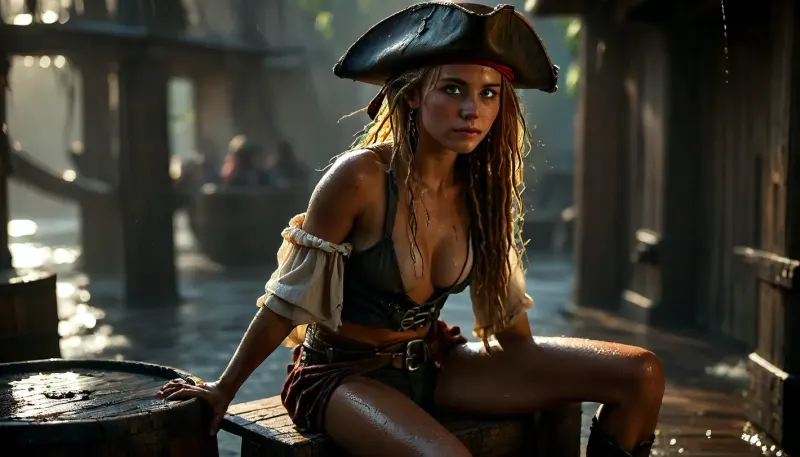 14 century, sunset, full body view of a solo beautiful 19 years old flat-chested slender female pirate being on pirate-fregate, ((no close up:1.2)), (sitting on her ass with her back to an old wooden barrel, on deck of a pirate-fregate:1.6), (her knees up to her chest, her arms wrapped around her knees), (front side view:.5), ., (she has dirty blonde dreadlocks and she wears highly detailed typical pirate clothing from the 14th century, red pirate-bandana under the pirate-hat), (open dirty white cotton shirt and a red vest with embroidery), (coarse brown rolled-up trousers), (beautiful slender long legs), bare midriff, (brown leather belt with a large buckle and a piratesaber in the belt), brown leather boots, large earrings, necklace, full-body tattoos, (standing expertly on deck of shaking pirate-fregate and holding on:1.3), (soaking wet clothes:1.8), (wet skin:1.5), attractive woman, perfect hands, perfect face, perfect teeth, perfect eyes, (blonde dreadlocks in backlight:1.2), smiling with perfect white teeth, ultra realistic skin, masterpiece, best quality, full body view, details, high quality, ((pirate hat:1.3)), ((pirate flag:1.4)), (intensively tanned:1.4), thigh gap, black storm clouds, sunrays, seagulls, parrot, surprised, she looks up at the far horizon, (highly detailed Spaceship:1), surreal situation, photorealistic, <lora:Super_Eye_Detailer_By_Stable_Yogi_SDPD0:.3>, <lora:BUT_SDXL_SHS:1>, <lora:dark:.8>, <lora:MJ52:.8>