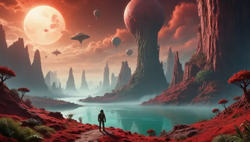 A lone astronaut stands on the edge of a towering cliff, gazing at a green alien jungle filled with bioluminescent trees and floating islands, (green alien jungle), Strange creatures move in the mist, and a giant gas planet dominates the sky, A river of glowing red liquid winds through the valley, (glowing red liquid river), Hyper-realistic, awe-inspiring, and atmospheric
