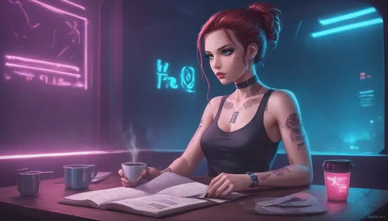 the neon glow of a cyberpunk metropolis, a stunning girl, she has cybernetic implants and glowing tattoos, slowly sipping a cup of coffee, she is wearing a tank top that reveals some of her breasts, while reading a paper book, (she looks away from the book and out the window to the streets outside which are bathed in pink and turquoise holographic lights), where flying drones and digital ads fill the backdrop, Her eyes, reflecting the neon light, are full of both strength and tenderness, zavy-cbrpnk, faceplate, <lora:attractive_notrigger:2>, <lora:RMSDXL_Enhance:2>, <lora:EnvyCozyCyberpunkXL01:2>, <lora:Halcyon Cyberpunk Style:2>, <lora:zavy-cbrpnk-sdxl:2>