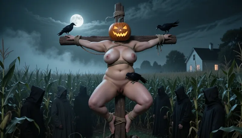 (Photorealistic), a woman, fat obese body, bound very high up on a wooden cross-like structure in a dark cornfield, full moon, mist in the corn, styled as a scarecrow. high up in the air. At least 8 feet off the ground. The subject is a nude fat obese bbw woman with huge breasts, Jack o lantern over her head, her body secured with rope to the crossbeams. she is bald., ((No hair showing around the Jack o Lantern.)), Crows perch on the structure—one on her shoulder, the other crow pecks at her vagina with its beak. Her pose is static and restrained, with arms outstretched and legs bound, evoking a sense of vulnerability and sacrifice. The background features a dense field of very tall corn stalks and a small farmhouse in the distance. Many dark hooded figures are in between the corn.