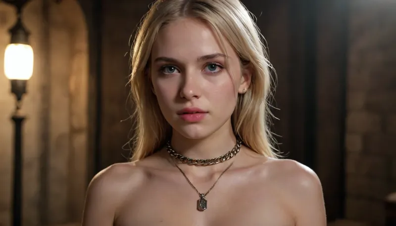Uber realistic, perfect illumination, (best shadow), 8K, UHD, sharp image, (best illumination), best quality, ultra-detailed, fine detail, highres, 8k wallpaper, masterpiece, high definition, pale 18 year old blonde girl with large breastsand with a choker on her neck and a chain attached to it like a slave. Show the full body of the girl and make the background a dungeon