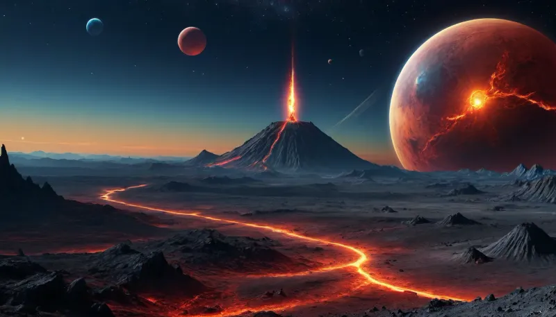 fullcolor image, 8K quality, blue sparkling gas giant satellite planet, red moon, yellow alien strange landscape, firey volcanoes, small blue moon