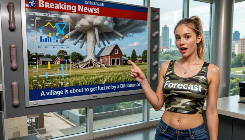 masterpiece, 4K, high detail, high resolution, 19 yo woman, dushi girl, very attractive face, her face is detailed without visual flaws, her nose is anatomically perfect, elegant jawline, standing, she is fully wearing a weather forecast uniform" and underneath it she wears an urban camo latex tanktop with the text correctly spelled "Forecast", (her breasts are not exposed), large belly button piercing, she wears jeans, she points at the forecast screen, light-blonde hair in a ponytail, a silver necklace, open mouth with shocked expression, energetic pose, (inside a building with large glass windows with a view outside of a city and there is a very detailed large wall mounted weather forecast display with temperature graphs and a village with a field of grass in front of a barn which got destroyed by a large hurricane and correctly spelled text inside a blue bar underneath "A village is about to get fucked by a Dildonado!" On top is correctly spelled text inside a red bar "Breaking News!" there are many penis shaped large gray dildos inside the hurricane cloud), The environment is a weather forecast room with a large wall mounted forecast screen in the background, she is standing on the right side, Natural light illuminates the scene, casting soft shadows. The colors are muted and natural, with greens and yellows dominating the palette, The overall mood is casual, friendly and indoorsy, The composition is a full shot, front-level view, she looks at the viewer, showcasing the subject from the side, capturing a relaxed and approachable atmosphere, The perspective is straight-on, displaying a calm and neutral outlook, The textures are smooth and natural on clothing, everything is in sharp focus from the camera.