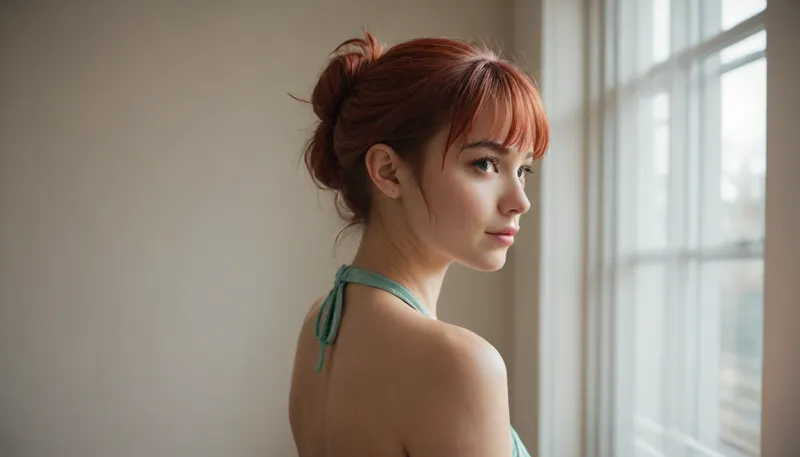 4K. Ultrarealistic, a young overwight irsh woman with red hair tied in a low, elegant bun with wispy bangs, wearing a light green satin halter dress. She turns her upper body slightly away from the camera and looks back over her shoulder with a bright, charming smile. 32 f cups. Relaxed backstage atmosphere, soft studio lighting, natural skin texture, realistic hair details, candid beauty, medium shot focused on the model, shallow depth of field, vertical composition.