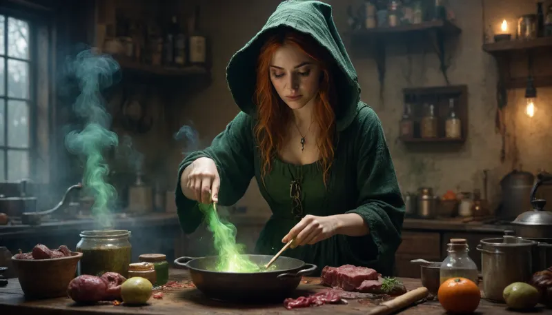 a Evil Salem Witch cooking a toxic potion. green smoke, Thick impasto strokes blend Carne Griffiths' surrealism with Monge's dreamy textures. lit with diffused HDR glow, low-contrast. dramatic chiaroscuro lighting, sharp textures, 8K.
