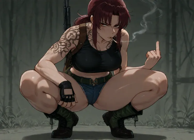 (Ratatatat74), (Revy from Black Lagoon, smoking, gun), squatting, looking at viewer, middle finger, <lora:ratatatat74-000050:.8>