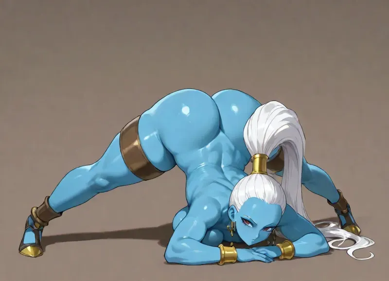 (vados from dragon ball), blue skin and white hair in a high ponytail, solo, nsfw, jack_o_pose, (simple background)