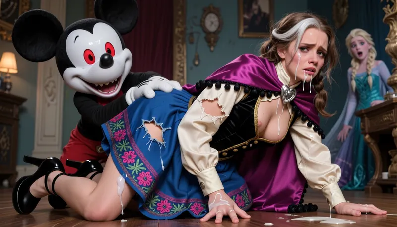 High resolution cartoon image of gigantic evil Mickey Mouse, evil grin, pale white face, red glowing eyes, brutally pinning Anna to the floor and fucking her ass, she wears a heavy vibrant torn blue skirt featuring magenta and green rosemaling floral borders at the hemline. She wears a light cream/satin torn blouse with a high cadet collar under a structured torn black velour bodice lined with gold trim. Her look is completed by a rich magenta/purple torn satin cape detailed with a black pom-pom trim and a silver heart clasp, worn with black open toe platform high heels. Her messy hair is kept in her classic dual pigtail braids with a distinct white streak, clothes ripped to shreds, cum in hair, white gooey cum on face, cum on naked tits, sobbing, covered in cum, cum in ass, brutal anal sex, rough, Elsa watches in horror in the background