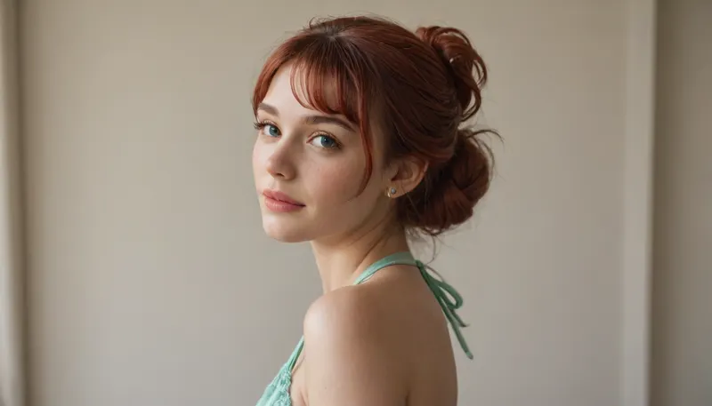 4K. Ultrarealistic, a young overwight irsh woman with red hair tied in a low, elegant bun with wispy bangs, wearing a light green satin halter dress. She turns her upper body slightly away from the camera and looks back over her shoulder with a bright, charming smile. 32 f cups. Relaxed backstage atmosphere, soft studio lighting, natural skin texture, realistic hair details, candid beauty, medium shot focused on the model, shallow depth of field, vertical composition.
