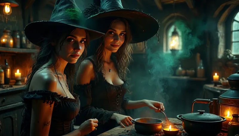 (ultra photorealistic professional picture of a beautiful, 25 years old, Evil Salem Witch, with a very big black witchhat, in her witchhouse, cooking a toxic potion), . toxic green smoke, Thick impasto strokes blend Carne Griffiths' surrealism with Monge's dreamy textures. lit with diffused HDR glow, low-contrast. dramatic chiaroscuro lighting, sharp textures, 8K, ultimate realism, ultra realism, masterpiece, realistic detailed skin texture, skin pores, But, DonMD34thM4g1cXL, big black witch_hat, w1tch, h0us3, witch, girl, evil, smile, spell, <lora:MJ52:1.1>, <lora:BUT_SDXL_SHS:.8>, <lora:DonMD34thM4g1cXL_v3.0-000015:2>, <lora:w1tch_h0us3:.6>, <lora:Halloween Series_ Scary Witch_epoch_10:1.2>