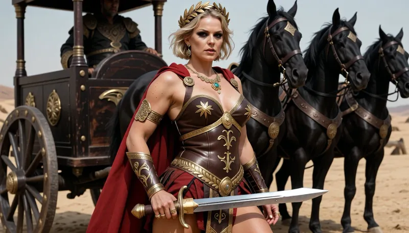 Ancient Roman Queen, curvy woman, strong, muscular and powerful, 39 years old, short messy blonde hair, short wavy hair, heavy dark gothic makeup, beautiful face, wearing detailed fancy brown armor decorated with gold laurels and Raman symbols, red cape, wearing a golden laurel wreath around her head, fancy antique golden jewelry rings, necklaces and several earrings, holding shortsword, standing by a dark oak war chariot, roman style, pulled by 4 large black wild horses, ancient desert fantasy battlefield background, detailed realistic skin texture with imperfections and pores, detailed realistic eyes, detailed realistic hair, detailed realistic gold jewelry, detailed realistic armor, detailed realistic roman gladius short sword, photo realistic, highly detailed, detailed realistic hand and fingers