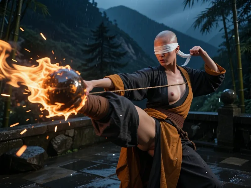 Professional photography, striking photorealism, ultra detailed cinematic realism, a 32 years old Chinese woman, member of a secluded female martial monastic order, completely shaved head, performing intense blindfolded martial arts training at night on a rain-darkened stone terrace, steep mountain silhouettes, bamboo, pines fading into deep blue-black mist. Authentic robes in charcoal, brown, and ochre, wide sleeves, white blindfold. Her athletic, powerful feminine physique visible, narrow waist, defined hips, elegant shoulders. The kick shifts overlapping fabric slightly open, small firm tits, long nipples, revealing collarbones and a restrained glimpse of cleavage, sensual through motion, not posing. No hands touching any cords or spheres, arms in precise guard. Captured milliseconds after a head-height roundhouse kick, her instep recoils but remains behind the burning sphere, fire partially obscuring it. The sphere accelerates sideways, cord fully taut on a strong diagonal, clear new direction. Sparks and embers burst backward, long curved flame trail streaming behind. Motion blur along its path, other spheres swinging independently. Razor sharp body, flaring sleeves, blindfold ends whipping, droplets scattering across wet stone, sparks mixing with rain. Deep blacks, intense amber firelight, strong local contrast, subtle sweat, natural fabric weave, eighty-five millimeter lens. Shallow depth of field, analog grain, frozen fighter, blurred sphere, powerful femininity, completely plausible kick geometry.