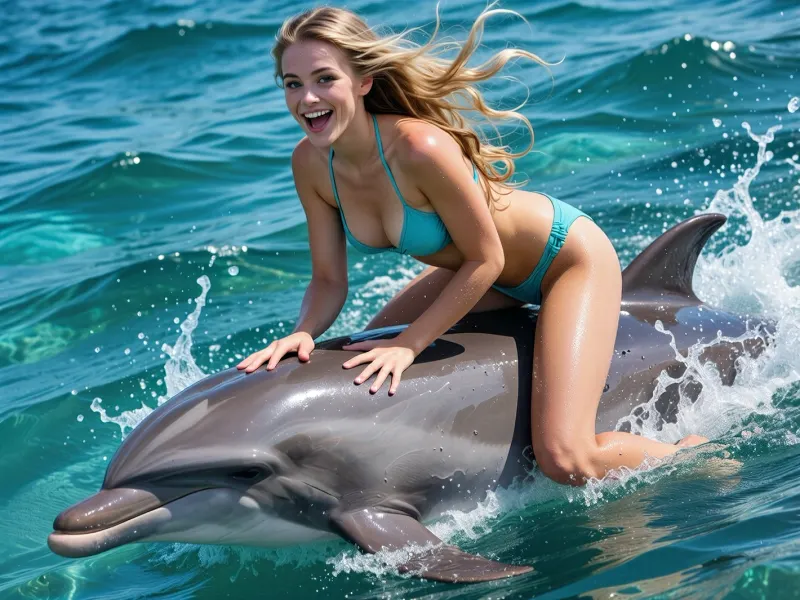 Professional photography, striking photorealism, ultra detailed cinematic realism, a beautiful adult woman, 24 years old, with long flowing blonde hair streaming backward in the sea wind, riding on the back of a powerful dynamically forward swimming dolphin, her body leaning slightly with the motion as she holds firmly to the dolphin’s dorsal fin, full of joy and exhilaration, laughing openly, bright eyes, radiant smile, subtle dimples, highly detailed face with intricate iris patterns, individual eyelashes, natural eyebrows, realistic lips, delicate skin pores, peach fuzz, fine tonal variations, sun kissed skin with a soft luminous glow, she wears a turquoise bikini that harmonizes perfectly with the entire image, slim athletic feminine figure, elegant proportions, long legs, toned abdomen, graceful posture, the dolphin rendered with exceptional realism, sleek wet skin, visible texture, water droplets, powerful anatomy, intelligent eye, cutting dramatically through brilliant turquoise water, white foam and sparkling spray exploding around its body as it plows through the sea, the water rich with shifting tones of turquoise, aqua, teal and pale jade, almost every color in the composition living within a magical turquoise palette, the sea looking brutally beautiful, vivid, alive and dreamlike at once, a slightly fairy tale atmosphere, enchanting but still grounded in realism, sunlight glittering across the moving surface, translucent splashes frozen in midair, soft reflections dancing across her skin and the dolphin’s body, wide open tropical seascape, no land visible, only endless shimmering water and luminous sky merging into a turquoise world, strong local micro contrast, subtle analog grain, 85mm lens, shallow depth of field, crisp subject detail, dynamic motion, joyful freedom, magical realism, immersive beauty, masterpiece quality