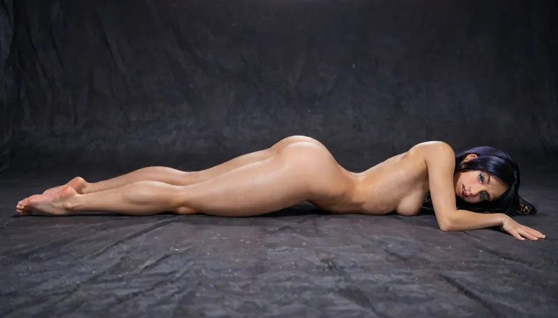 8k, score_9, score_8_up, score_7_up, FILM PHOTOGRAPHY STYLE, cinematic photo, photo woman, professional portrait photography, flat dark background, reiq style, ((Nude:2)), (dynamic lying pose:1.5), (full body), (full body distant view:1.8), (backside view), looking from behind, (rearside view), . 28yo, Intricate detailed violet parr, (/The, Incredibles), /, (ultra, HD, quality, details), beautiful tits, bell shaped tits, (lying on yery sexy pose:1.2), (lying sideways:1.6), (lying on her side), hdr, night, long black hair, straight hair, violet parr from incredibles, looking at viewer, surprise, moaning, (violet parr is totally naked), (detailed glute curves:1.2), (slender teеnage waif-like figure:1.3), tits hard firm, erotic, sexy Seductive, beauty, breasts, erect nipples, athletic, small waist, tight ass, tight hips, tight body, slim neck, narrow shoulders, stunning, shy, sweet, innocent, slutty slut, vibrant colored, wasp waist, extremely beautiful, smiling, ((perfect white teeth)), ((perfect face)), ((perfect hands)), (small curved ass and upper body), separate legs, (slender long legs), thigh gap, big thigh gap, wide thigh gap, (slim thighs:1.6), (wide open legs), legs apart, (spreading legs:.8), (one leg lifted up:.8), (legs split:.8), pushed ass, beautiful lighting on the body, (beautiful, gorgeous girl), (firm round buttocks:1.6), (meaty cameltoe:1.5), (cameltoe:1.5), (masterpiece, best quality), ((ultra realistic:1.4)), ((ultra detailed face:1.4)), ((maximum quality:1.4)), (high resolution:1.4), (extreme detail:1.4), (ultra realism:1.4), highly detailed, full body viev, <lora:detailed_notrigger:2>, <lora:add-detail-xl:2>, <lora:LCMTurboMix_Euler_A_fix:1>