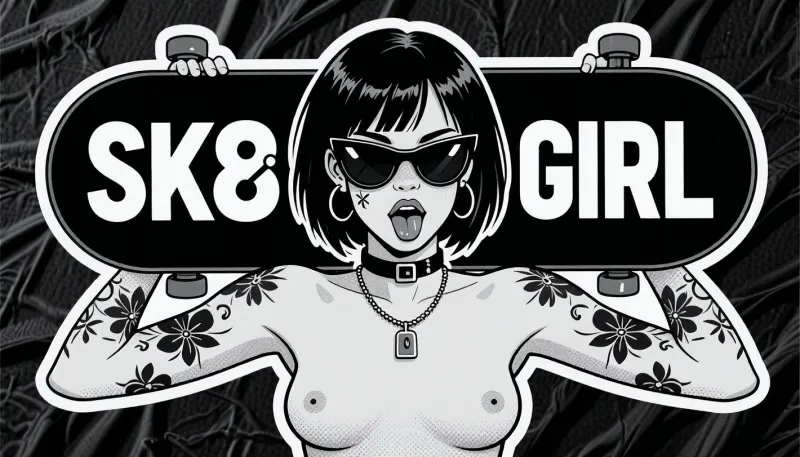 pure monochrome sticker illustration, high resolution black and white tattoo flash inspired graphic art, clean vector like linework, crisp inked contours, bold simplified shapes, dense solid black fills, subtle gray stippling and controlled cross hatching, screen printed sticker aesthetic, authentic die cut sticker appearance, strong graphic stylization, flat illustrative rendering, high contrast black gray and white palette, the typography is a priority element, on the left half of the board, "SK8", on the right half of the board, "GIRL", both inscriptions are separate typographic elements placed directly on the black underside of the board, SK8 must remain one compact uninterrupted three character alphanumeric logo, S followed immediately by K followed immediately by 8, all three characters on one horizontal baseline, tightly grouped, large, bold, crisp, white, and clearly readable, GIRL must remain one compact uninterrupted four letter wordmark on the right side, matching SK8 in typeface, weight, height, and visual presence, the trucks stay near the far outer ends and may overlap the typography only minimally while every character remains legible, adult nude woman, 25 years old, stylized punk board girl shown from approximately the waist upward, bold symmetrical frontal composition, perfectly centered, short straight jet black bob haircut ending around jaw length, heavy blunt fringe across the forehead, glossy graphic hair highlights, large oversized black sunglasses covering most of the upper face, thick shiny lenses with small white reflections, head tilted slightly backward, mouth open in a rebellious playful expression, full outlined lips, visible tongue, large circular hoop earrings, black choker with a small rectangular buckle, simple chain necklace with a small rectangular padlock pendant, small firm upturned breasts with long prominent nipples, exaggerated comic pinup proportions, both arms raised outward and upward while holding the board horizontally behind her head and shoulders, hands gripping the board close to both outer ends, board viewed from below with trucks and wheels clearly visible, simplified but recognizable hardware, several tattoo motifs across both forearms and upper arms, bold flowers, tiny symbols, decorative flash style elements, crisp black outlines around the full silhouette, broad white die cut sticker border surrounding the woman and the board, thin black outer contour, isolated physical sticker resting on dark wrinkled textured fabric, authentic printed surface, slightly distressed ink texture, gently uneven die cut edge, visually very close to classic underground skate sticker art and black ink pinup flash illustration