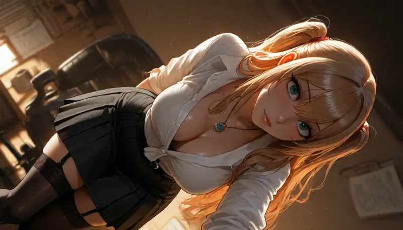 reiq meets markgavatino and melkor mancin artstyle, amazing photo quality, ultra realistic details, ultra high detailed characters, masterpiece, photo realistic, hyper realistic, high resolution, (maximum detail), score_9, score_8_up, score_7_up, highest quality, ultra-high resolution, photorealism, high quality, ultra-realism, 8k, HDR, (ultra high detailed), indoors, evening, papers, cluttered desk, director's office, the men in business casual office wear, (((the man sitting in an office chair at his desk))), the man is holding a pen in his right hand and making notes in a document, bulge in men's trousers, (((the girl is standing on the right side of the frame))), the girl leaned over, very beautiful russian girl aged 20–25 has shoulder-length chestnut hair and gray-green eyes, sensual lips, perfect body, firm round small breasts, detailed skin, one mole on the right breast, small pendant around the neck, wearing a white shirt, (black knee skirt:1.5), (covered), (stockings and a garter belt visible beneath the clothing), (the clearly defined silhouette), (under clothing), silhouettes of underwear under clothing, cleavage, (the girl holds a cup of coffee and places it on the desk in front of the man), (puts the cup), looks at the bulge in a man's trousers, (shocked, embarrassed face), (low angle), man pov, (the lace tops of the stockings are accidentally visible), creating dramatic chiaroscuro effects, perfect background, cinematic lighting, 8K, high detail, breasts focus, perfect anatomy, detailed faces, masterpiece faces, (detailed eyes), (masterpiece eyes), intricate detail, (photorealistic textures:1.2), (sharp focus:1.2), (refined textures:1.2), (natural shadows:1.2), (SuperQuality:1), (SuperQuality:1.2), <lora:MJ52:1.7>, <lora:Jeweled eyes-NAI:1.8>, <lora:BUT_SDXL_SHS:1.8>, <lora:attractive_notrigger:1.7>, <lora:dark:.8>