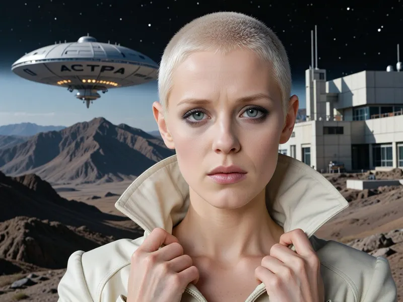 A movie poster in the style of the iconic 1980 Soviet science fiction film *Through Thorns to the Stars*. A close-up in the center of the composition, the alien Niya—an artificial human, a young woman with very short, spiky platinum-blonde hair. She has pale skin bathed in soft light, large expressive eyes, a serious expression, and is looking directly into the camera. She is wearing a light-colored jacket with a high stand-up collar, both hands are raised to her neck, holding the collar on either side, with her fingers rendered in detail and looking natural. Background, dark, starry space gradually blending into a pale-blue sky above the desolate, rocky mountain landscape of the planet Dessa, with its rocky slopes and plains. In the background, to the side in the sky, is a disc-shaped environmental aid spacecraft, (a “sewage-disposal ship”), with the word “ASTRA” in large letters on its hull and orange lights on the underside. On the other side, to the side, is a multi-story scientific building with windows, antennas, and technical structures. Soft, dramatic cinematic lighting, with emphasis on the face and collar, high photorealism stylized after a Soviet sci-fi poster from the 1980s, ultra-detailed, a masterpiece.