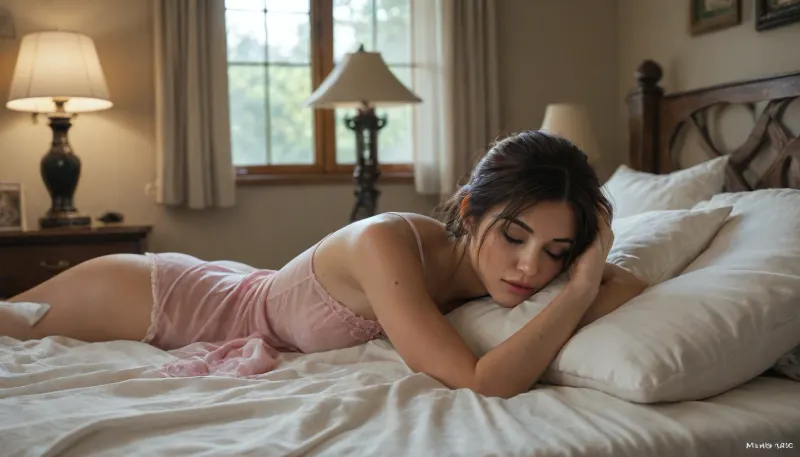 Lara Croft is asleep in her bed at home, wearing a nightgown, her head rests on a soft pillow, and the light of the night streams through the windows. A lamp sits on the nightstand. The scene shows Lara resting after returning home from her tomb-raiding adventures.