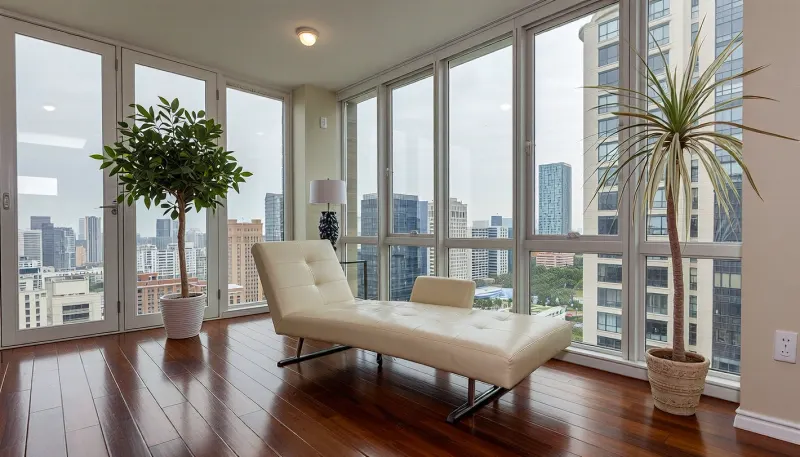 The scene is a high-rise apartment, skyscraper, large floor to ceiling windows, aged mahogany floors, and a cream colored leather chaise lounge, a money tree plant, an ivory vein plant