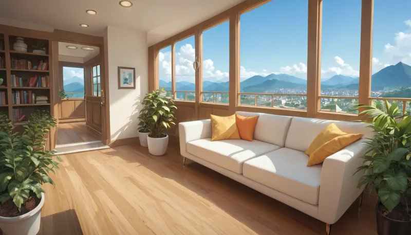 The scene is a high-rise apartment, skyscraper, large floor to ceiling windows, aged mahogany floors, a cream colored leather chaise lounge, a large Epipremnum aureum, money plant, a 75 inch TV is on the wall, a balcony, far in the distance is a mountain that is deeply forested.