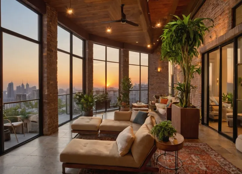 The scene, looking out at the sunset on the corner balcony of a 12 ft ceiling apartment, large floor to ceiling windows, skyscraper, focus on the outside, while balcony has stone floors, the interior which is an open floorplan with aged mahogany wood floors, a cream colored lounge chair is on the inside, a burnt-ornange deck chair can be found on the outside, large ceiling beam goes across the ceiling, stone arch, brick walls, brick walls SEVERAL MATURED PLANTS are on the inside and outside of the apartment, [types of plants include a matured mix of the following], (Epipremnum aureum), (Dracaena trifasciata), (Philodendron scandens), (Hedera helix), far in the distance is a mountain that is deeply forested, one of the plants hangs from the ceiling. The balcony is half ceiling half skylight.