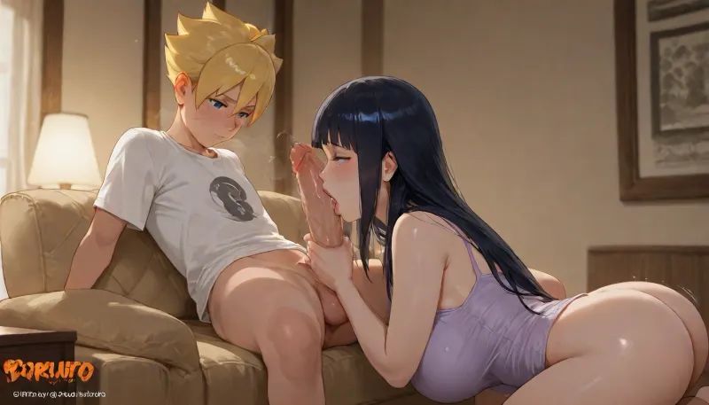 1 man, 1 girl, (((uzumaki_boruto))), (((hyuuga_hinata))), uzumaki_boruto sitting on an armchair, hyuuga_hinata giving Boruto a blowjob, she is on her knees, sideview, enormous limp dick, girl struggling to fit cock in her mouth, girl wearing only a loose fitting tshirt, thick girl, her bare ass visible, (boruto face visible:1.2), dim livingroom, scene lit by a floorlamp, <lora:add-detail-xl:2>, <lora:sdxl_snakeoil_v1:2>