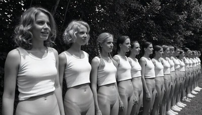 A black and white vintage photograph of a long, diagonal line of 20 year old nude women standing at attention outdoors, arranged in a receding row that stretches from the left foreground into the right background. The closest woman on the far left has wavy, shoulder-length light hair and wears only a white sleeveless tank top, her vagina is visible, reservedly smile and her gaze is directed slightly to her left, away from the camera. Beside her, the second woman has short, curly blonde hair framing her face, her gaze is directed slightly to her left, away from the camera, reservedly smile, only the same white tank top, her vagina is visible. The third woman, positioned near the center of the frame, has braided blonde twintails and her gaze is directed slightly to her left, wearing only the identical white top, her vagina is visible. To her right, the fourth woman her gaze is directed slightly to her left, and dark hair pulled back. The remaining women in the line recede into the distance to the right, each wearing only matching white tank tops, with their faces becoming progressively smaller and softer in focus, creating a strong sense of receding perspective. The women are standing close together, shoulder to shoulder, with their arms at their sides, forming a rigid, disciplined formation. Behind them, a dense wall of dark, leafy trees fills the background, rendered as a textured, out-of-focus mass of foliage. The lighting is bright, direct sunlight coming from the upper left, casting sharp, distinct shadows on the women' faces and clothing, with the first three women receiving the strongest, most sculpted illumination. The photograph has a grainy, high-contrast, black and white film aesthetic typical of mid-20th-century documentary or propaganda photography, with deep blacks in the shorts and background foliage and bright whites in the tank tops. The composition is a dynamic diagonal line that leads the eye from the bottom left to the upper right, emphasizing uniformity, youth, and disciplined group identity. The atmosphere is serious and formal, yet also marked by a certain cheerful lightness, it captures a moment of collective stillness and disciplined order in a sun-drenched, open-air setting.