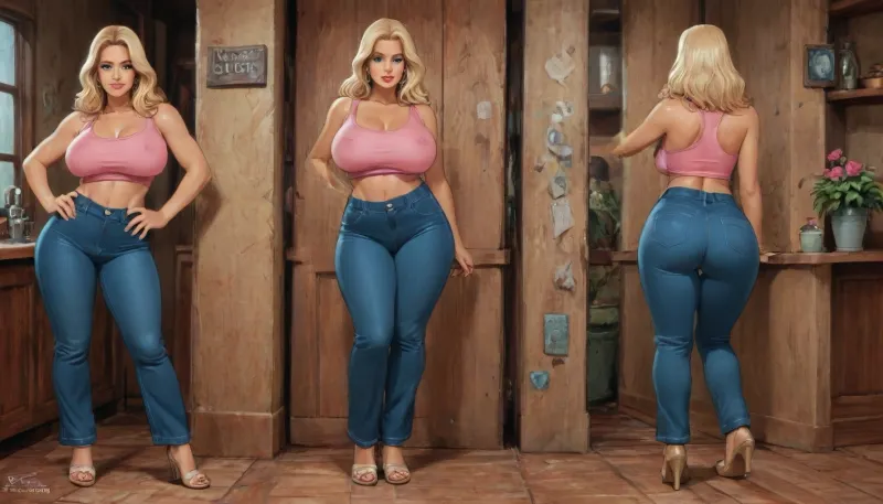 Tall blonde lady with big full boobs, (tall), (huge boobs:.75), full boobs, (curvy:2), (muscular:1), (chubby:.5), (tan lines:.5), long blonde hair, fair skin, ((bimbo)), (wearing tight pink tank top and blue jeans), (see-through pink tank top:.25), low rise light blue jeans, ((huge cameltoe)), (((doodle, cartoon, reiq meets art style, ratatatat74))), front view, full body, standing straight, in garden, <lora:cutedoodle_XL-000012:.9>, <lora:ratatatat74-000050:1.4>, <lora:NEOTOKIOXL_0.2_RC:1.4>, <lora:outline_xl_kohaku_delta_spv5x:1.9>