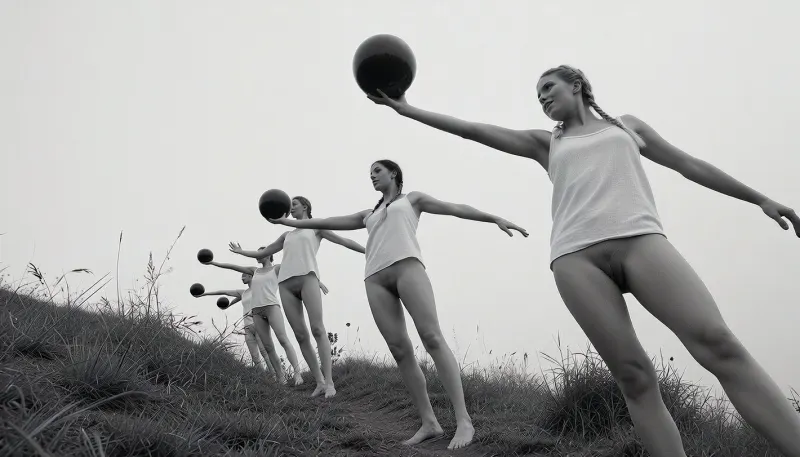 A vintage black and white photograph of five 28 year old nude women performing a synchronized rhythmic gymnastics routine outdoors, captured from a low angle looking up at the figures against a vast, pale, overcast sky. The women stand barefoot in a diagonal line ascending from the lower left to the upper right on a rough grassy hilltop. The foremost figure on the far right, closest to the camera and rendered largest, is a fair-skinned young blonde woman with braided hair, wearing only a light sleeveless short white linen camisole. She holds a dark, solid ball aloft in her raised right hand and gazes slightly upward with a focused happy smile, her left arm is extended horizontally behind her. Behind and to her left in the middle distance, a second woman with braided hair and a similar short white linen camisole mirrors the pose, arm extended out to the side holding a dark ball at shoulder height. Further to the left, a third woman also holds a ball out to her side, followed by a fourth and a partially visible fifth woman at the far left edge, all wearing only identical pale camisoles, all women's realistic detailed vaginas are visble, creating a rhythmic, cascading formation of outstretched arms and dark spherical props. The foreground consists of textured wild grass and tall weeds silhouetted slightly against the bright sky, anchoring the figures. The photograph is shot on film with a medium telephoto lens and a deep depth of field, keeping all the women reasonably sharp, though the distant sky is rendered as a soft, luminous field of grain. The lighting is diffuse and shadowless, typical of an overcast day, which backlights the figures slightly and creates a strong contrast between their pale uniforms and the dark heavy balls. The image has a grainy, silver-gelatin quality with visible film texture, a wide tonal range from deep blacks in the balls and shadowed grass to bright whites in the sky, and significant vignetting that darkens the corners and edges. The composition is dynamic and asymmetric, dominated by the upward diagonal sweep of the figures and the negative space of the empty sky above them, evoking a mood of retro athleticism and mid-century documentary imagery.