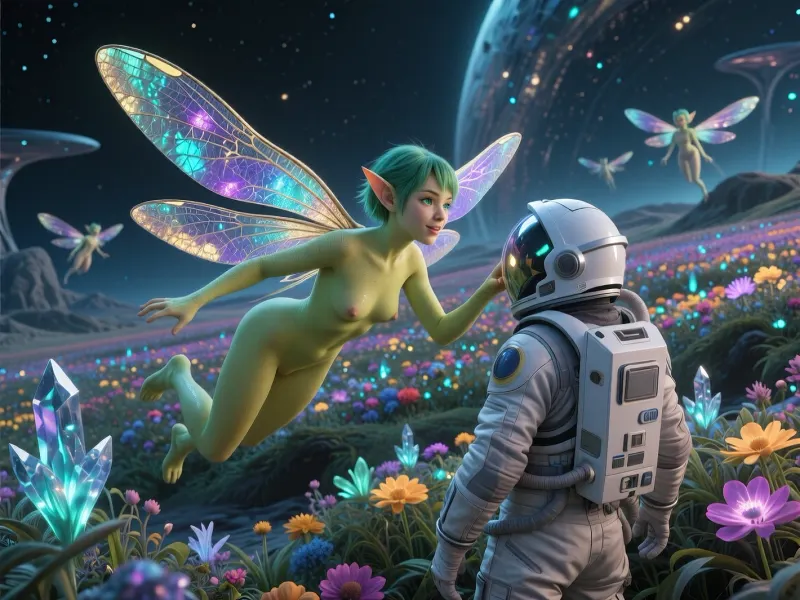 A beautiful girl with feminine features gracefully flying above an extraterrestrial landscape that resembles a vast, colorful flower meadow. The creature is smaller than the astronaut, facin camera, lime-colored Skin, Slightly spread legs, with large shimmering dragonfly-like wings reflecting iridescent hues of turquoise, violet, and gold. Short green hair, small ears, blue-green eyes Her appearance is elegant, enchanting.

She is gently approaching a lone astronaut in a modern spacesuit seen from behind, hovering in front of astronaut while looking at him friendly. touching his helmet, The astronaut stands still among the strange flowering vegetation.

The alien meadow is filled with exotic bioluminescent flowers, crystalline plants, In the distance, several more of her sisters are flying closer, emerging from the glowing landscape.

Cinematic composition, highly detailed, ultra-realistic textures, soft natural lighting, atmospheric perspective, vibrant colors, sense of discovery and first contact, friendly and peaceful mood, science fantasy, breathtaking environment, volumetric light, masterpiece quality, 8K, photorealistic, sharp focus.